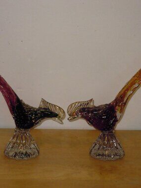 2 Vintage Murano Glass Pheasant Sculptures 10.5" Controlled Bubble Gold Flecks